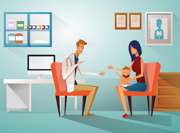 illustration image of doctor with mother and baby at clinic