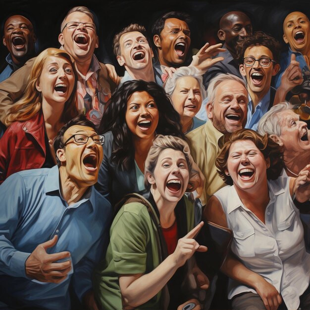 Photo illustration of an image full of faces of different peoplelaughing