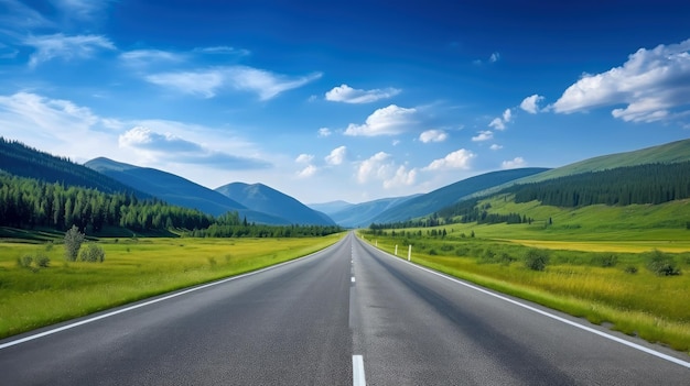 田舎道のある風景、青い曇り空を背景に空のアスファルト道路のイラスト画像。多色の鮮やかな屋外水平画像、生成 AI イラスト