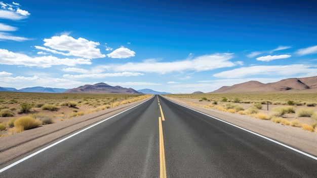 Illustration image of landscape with country road, empty asphalt road on blue cloudy sky background. Multicolor vibrant outdoors horizontal image, Generative AI illustration