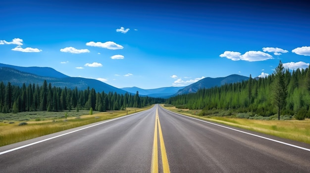 田舎道のある風景、青い曇り空を背景に空のアスファルト道路のイラスト画像。多色の鮮やかな屋外水平画像、生成 AI イラスト