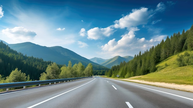 田舎道のある風景、青い曇り空を背景に空のアスファルト道路のイラスト画像。多色の鮮やかな屋外水平画像、生成 AI イラスト