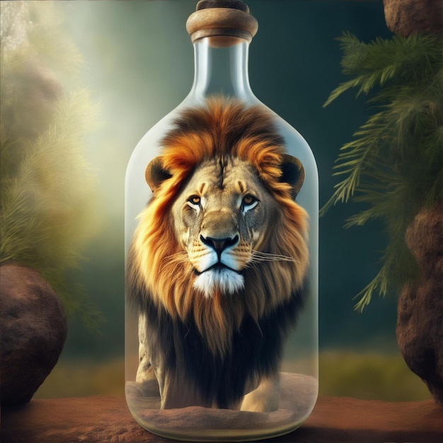 illustration image of a lion in a bottle