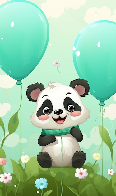 Photo illustration image of a panda with balloons birthday card illustration
