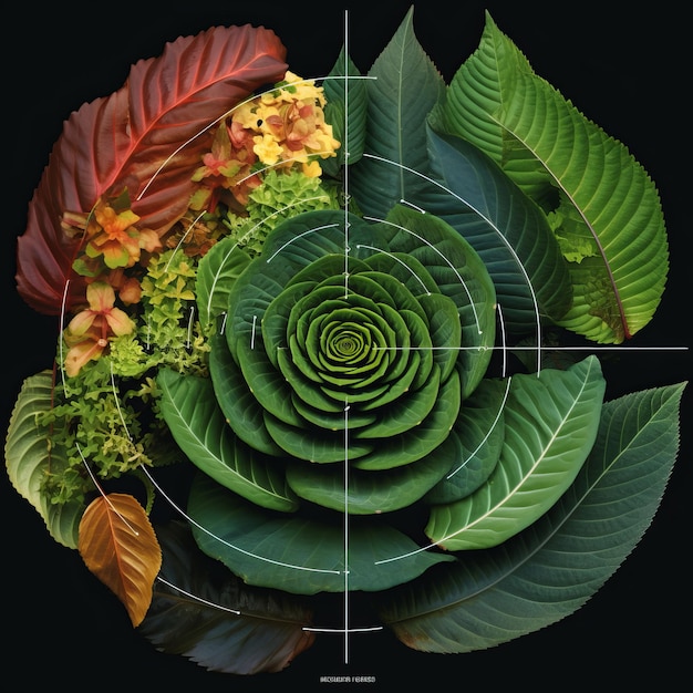 피보나치 (Fibonacci) 를 보여주는 식물의 꽃이 피는 잎의 그림