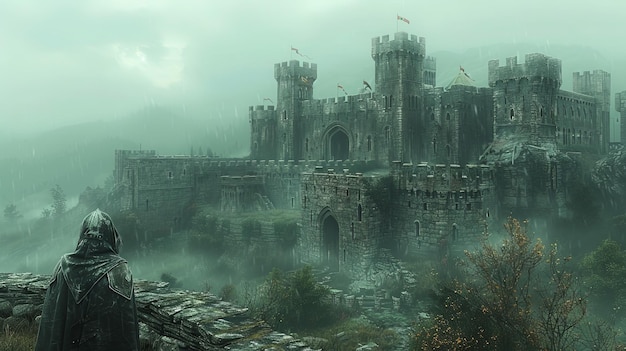 Illustration of an imaginary medieval castle in a fantasy landscape