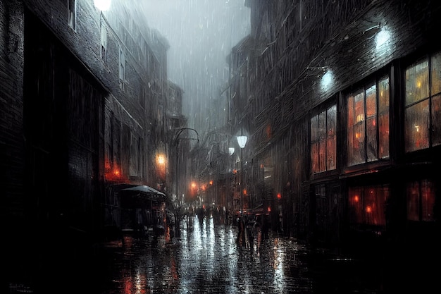 Illustration of imaginary urban scenery at night with rain