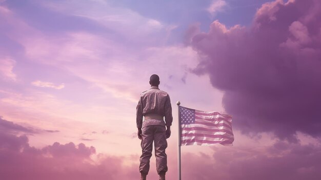 Illustration for Independence Day of the United States July 4th Soldier with American flag under a beautiful sun Generative AI