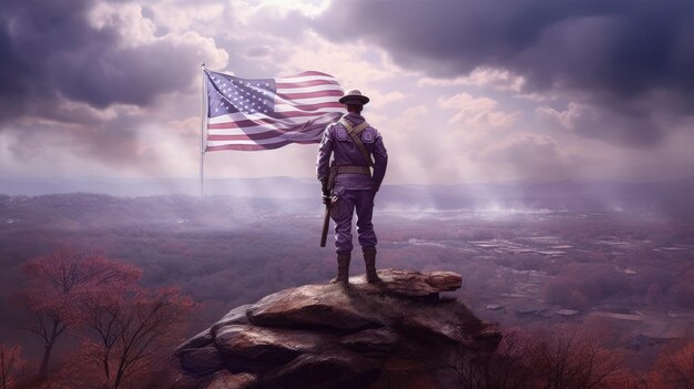 Illustration for Independence Day of the United States July 4th Soldier with American flag under a beautiful sun Generative AI