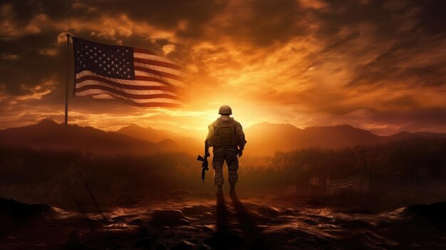 Иллюстрация к Дню независимости США 4 июля Солдат с американским флагом под красивым солнцем Генеративный AI