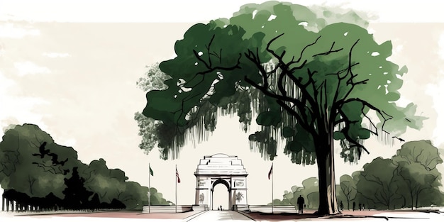 illustration of India gate in New Delhi on abstract flag tricolor background AI Generated