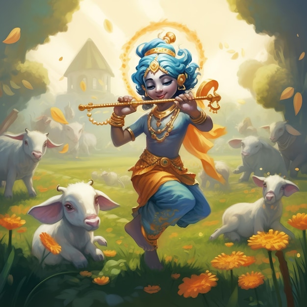 Иллюстрация перьевой флейты индийского бога или бансури Ай Сгенерирована