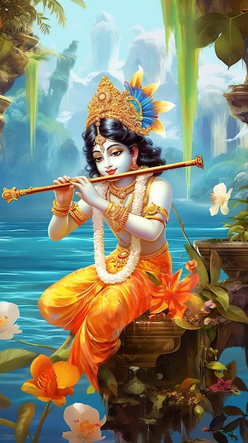 Illustration of Indian God feather flute or bansuri Ai Generated