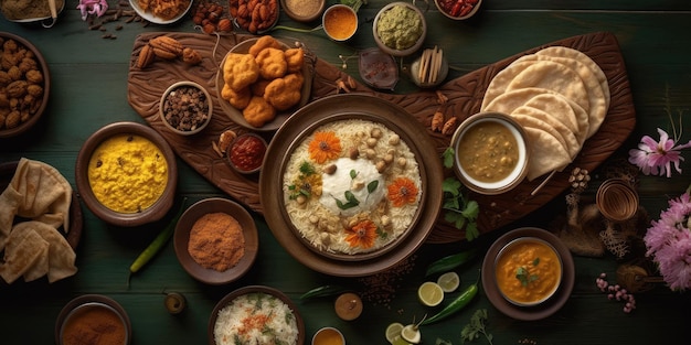 Illustration of Indian national food View from aboveGenerative AI