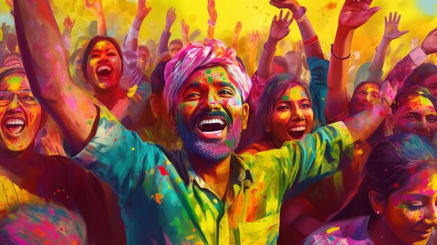 Illustration of indian people celebrating holi festival happiness colorful powder in background