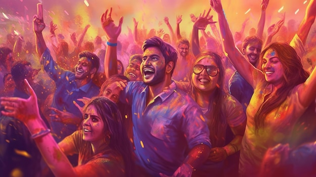 Illustration of indian people celebrating holi festival happiness colorful powder in background