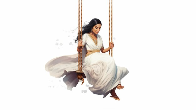 Illustration of indian woman sitting on a swing white backgrond Generative ai