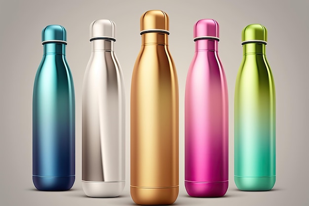 Иллюстрация отдельных металлических бутылок с водой разных цветов