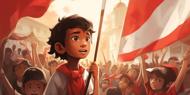 Foto illustrazione di un ragazzo indonesiano che tiene una bandiera dell'indonesia in mezzo alla folla