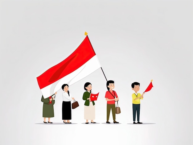 白い背景にインドネシアの国旗を掲げているインドネシア人のイラスト
