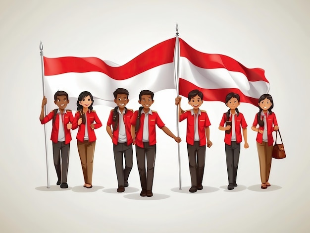색 바탕에 인도네시아 국기를 들고 있는 인도네시아 사람들의 일러스트레이션