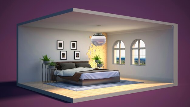 Illustration Interior of the bedroom in a box