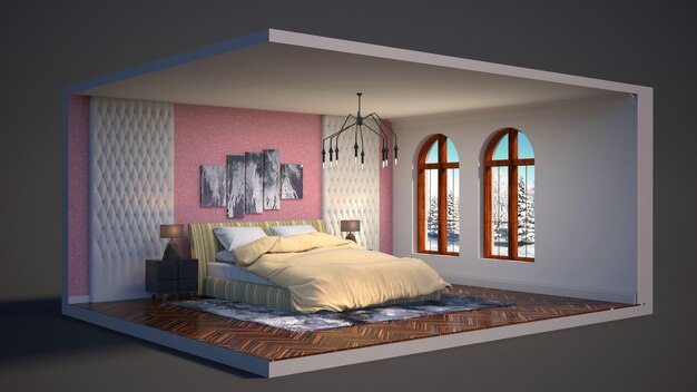 Illustration Interior of the bedroom in a box