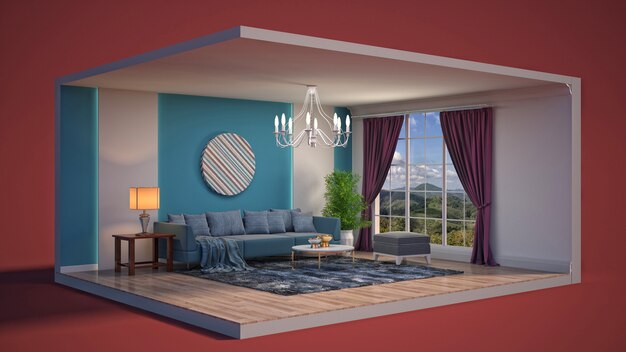 Illustration of the interior of the living room in a box