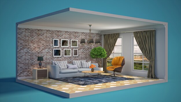 Illustration of the interior of the living room in a box