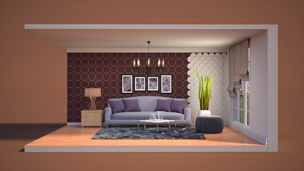 Illustration of the interior of the living room in a box