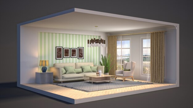 Illustration of the interior of the living room in a box