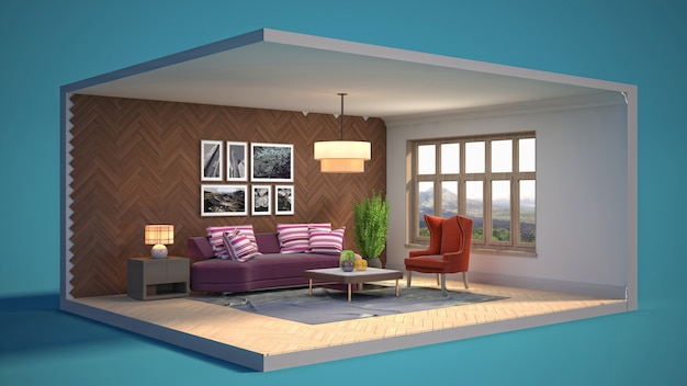 Illustration of the interior of the living room in a box