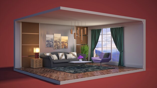 Illustration of the interior of the living room in a box