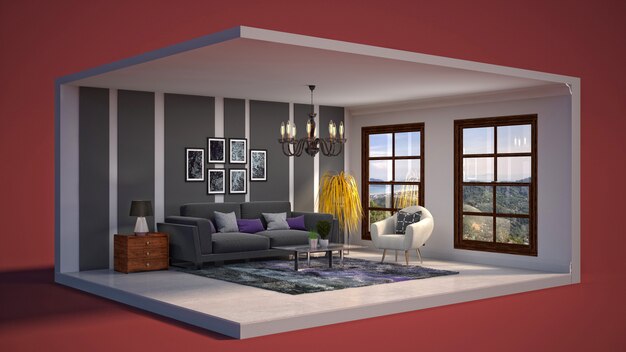 Illustration of the interior of the living room in a box