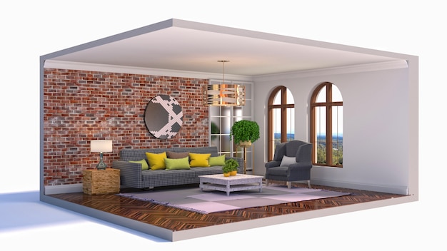 Illustration of the interior of the living room in a box