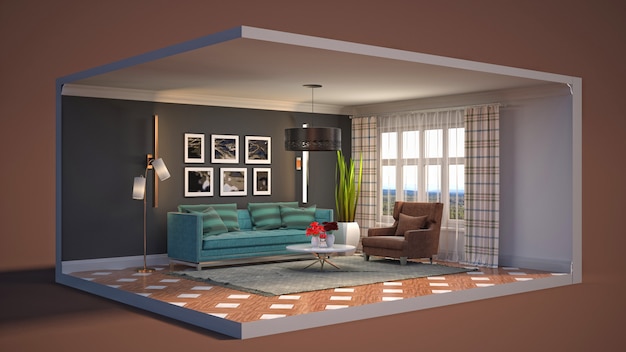 Illustration of the interior of the living room in a box