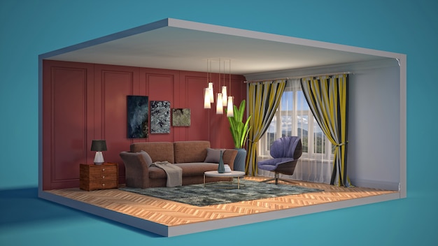 Illustration of the interior of the living room in a box