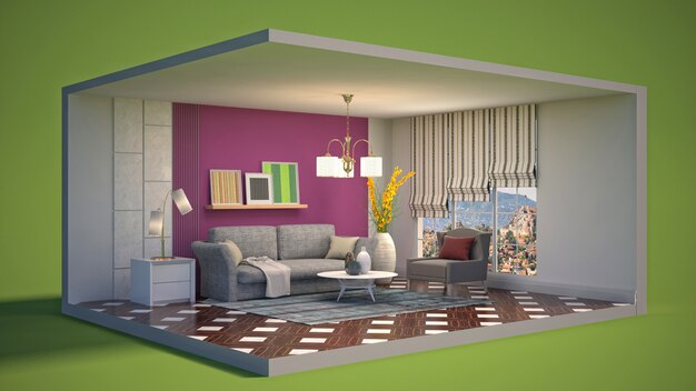 Illustration of the interior of the living room in a box