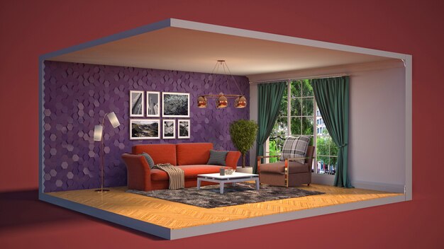 Illustration of the interior of the living room in a box