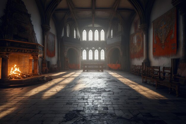 Photo illustration of the interior of a medieval castle concept of history and fantasy generative ai