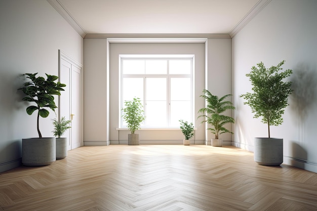 Illustration of an interior room with greenery and natural light coming from a window Generative AI