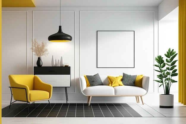 Illustration Interior Scene and MockupModern style living room white L shape sofa yellow armchair beige wooden console