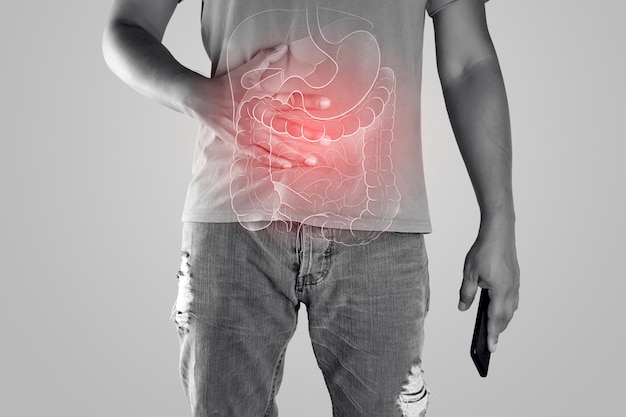 Photo illustration of internal organs is on the man body against the gray background