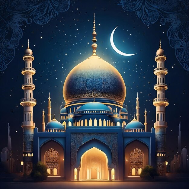 Foto illustrazione dell'architettura intricata della moschea di notte per celebrare gli eventi islamici