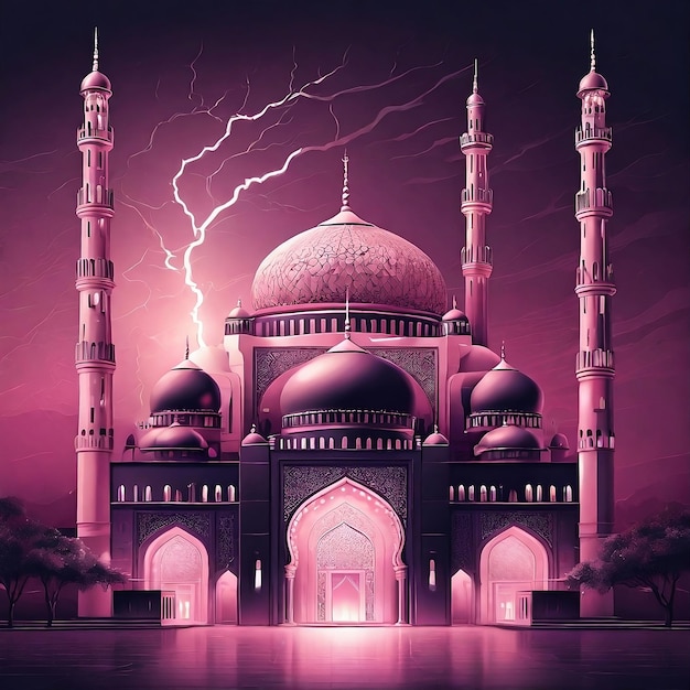 illustration of Intricate mosque architecture on pink background to celebrate Islamic events