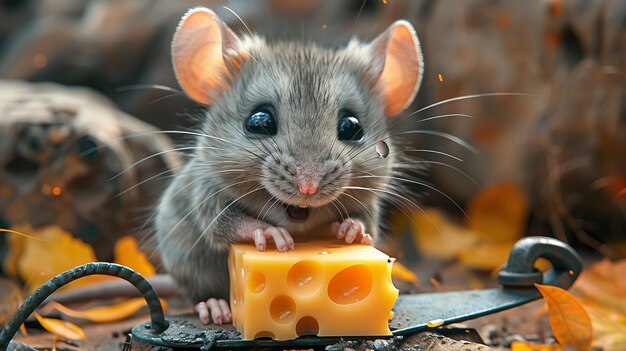 Illustration and inventive art Little Mouse thinks before he eats cheese on the Mouse Trap This is a realistic fantastic cartoon style artwork scene that can be used as a wallpaper a story