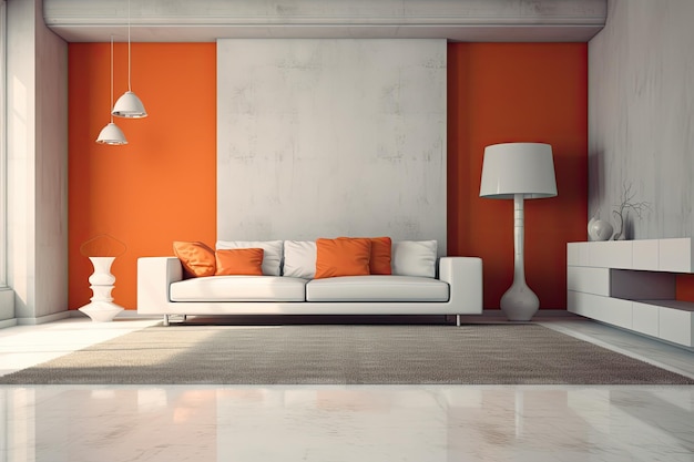 Illustration of an inviting living room with an orange and white color scheme and a comfortable white couch as the centerpiece Generative AI