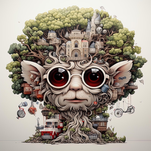 Illustration is made of the cartoon bear wearing glasses in the style of highly detailed foliage intense color fields highly realistic colorful costumes joyful celebration of nature AI generative