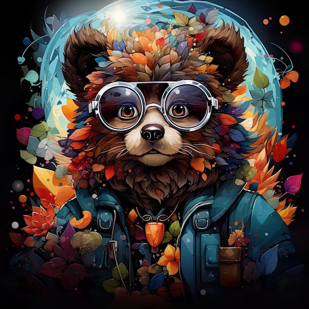 Illustration is made of the cartoon bear wearing glasses in the style of highly detailed foliage intense color fields highly realistic colorful costumes joyful celebration of nature AI generative