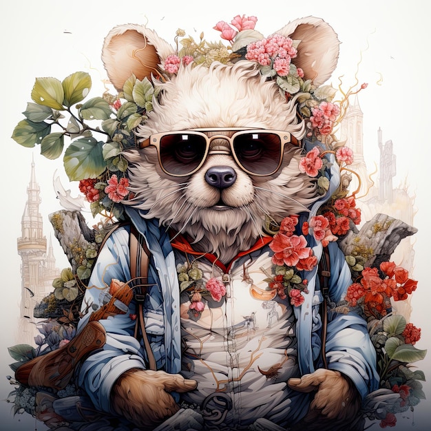 Illustration is made of the cartoon bear wearing glasses in the style of highly detailed foliage intense color fields highly realistic colorful costumes joyful celebration of nature AI generative